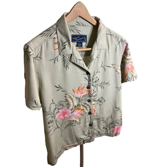 Island Traders Green Tropical Short Sleeved Button Up Top Sz L - Picture 3 of 10